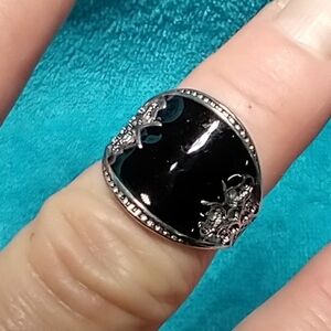Silvertone black enamel intricate design ring